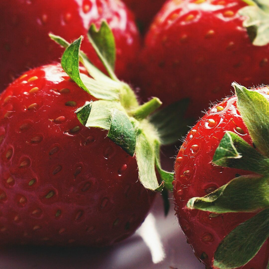A close up of strawberries